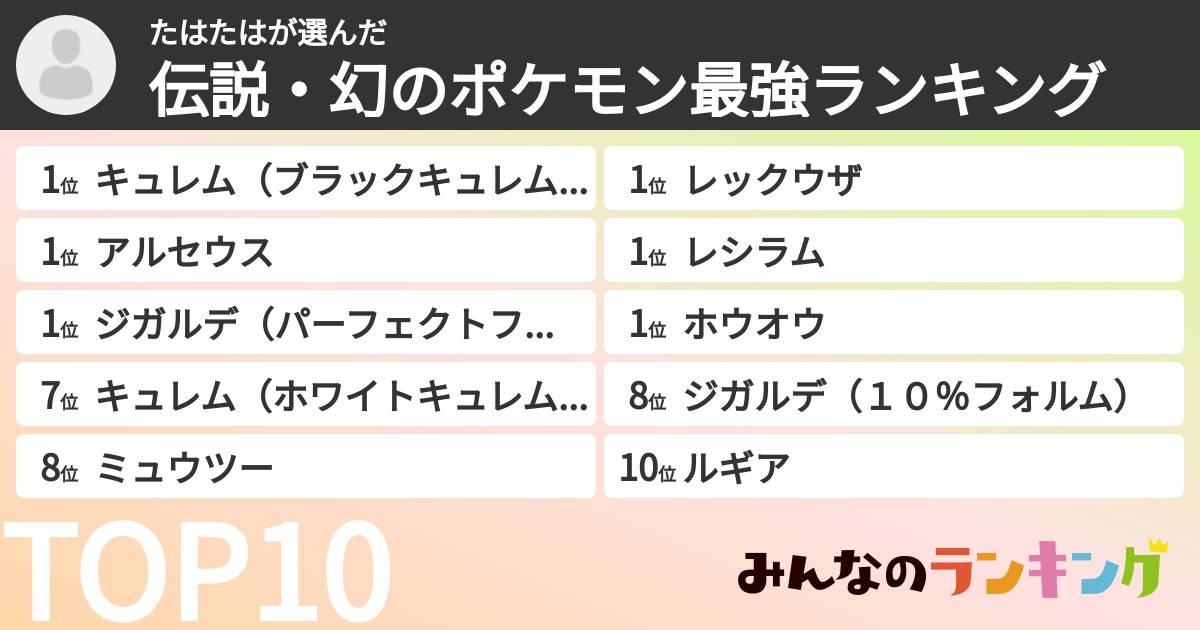 たはたはさんの「伝説・幻のポケモン最強ランキング」