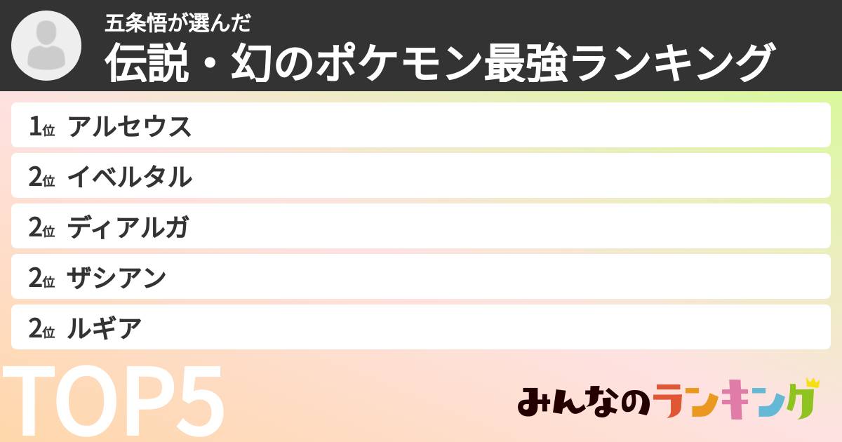 五条悟さんの「伝説・幻のポケモン最強ランキング」