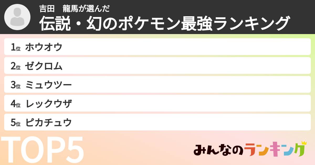 吉田　龍馬さんの「伝説・幻のポケモン最強ランキング」