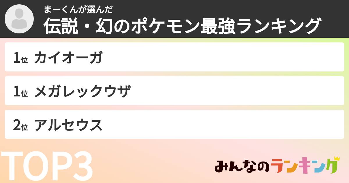 まーくんさんの「伝説・幻のポケモン最強ランキング」