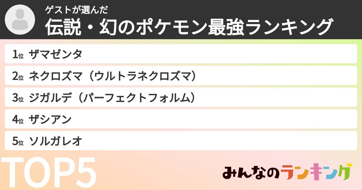 ゲストさんの「伝説・幻のポケモン最強ランキング」