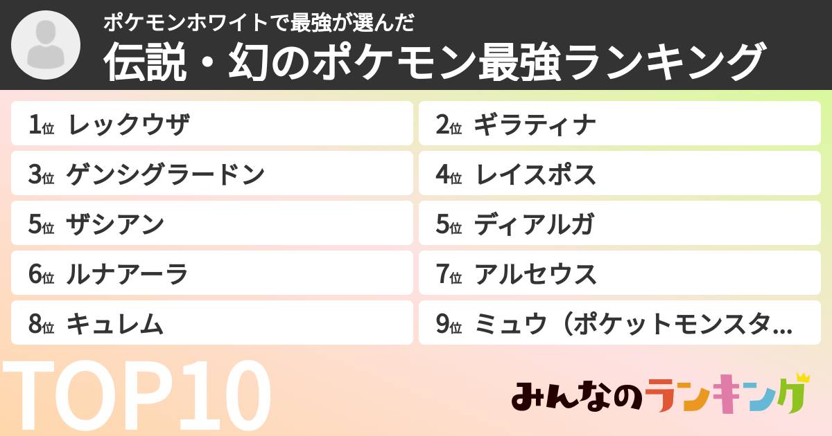 ポケモンホワイトで最強さんの「伝説・幻のポケモン最強ランキング」