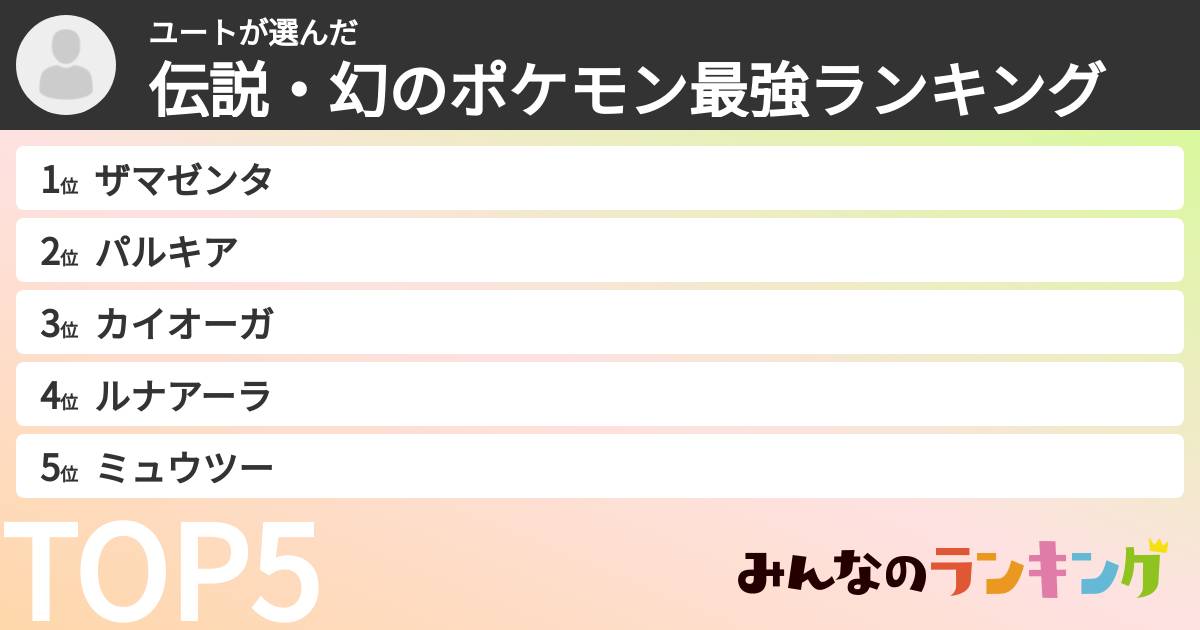 ユートさんの「伝説・幻のポケモン最強ランキング」 みんなのランキング