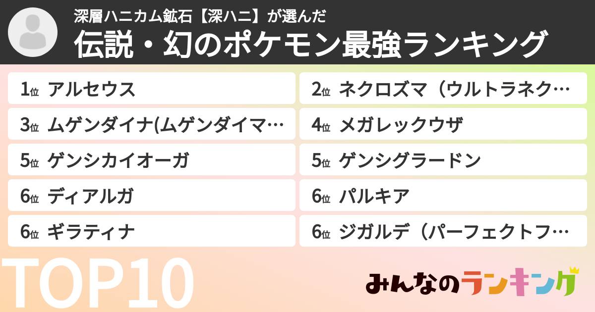 深層ハニカム鉱石【深ハニ】さんの「伝説・幻のポケモン最強ランキング」