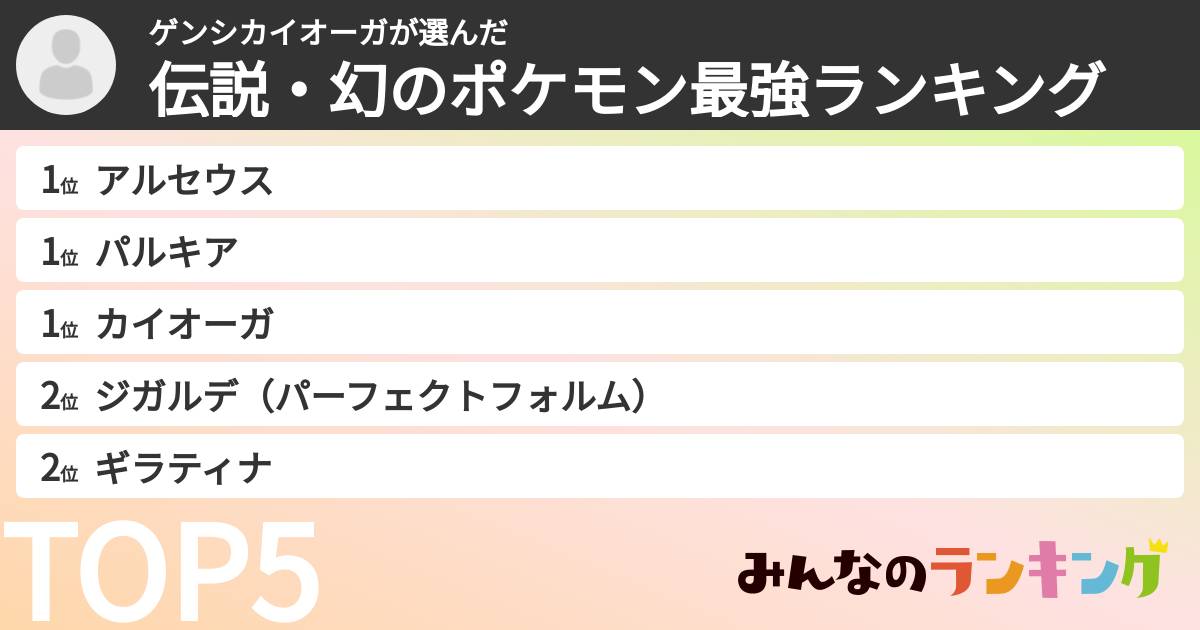 ゲンシカイオーガさんの「伝説・幻のポケモン最強ランキング」