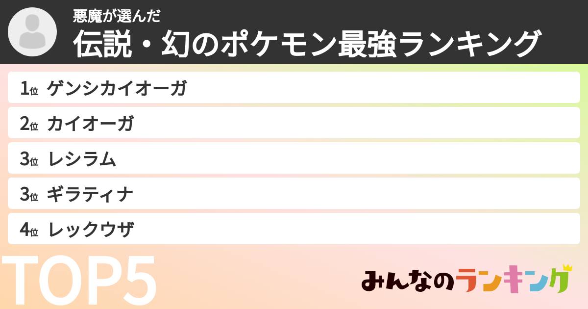 悪魔さんの「伝説・幻のポケモン最強ランキング」