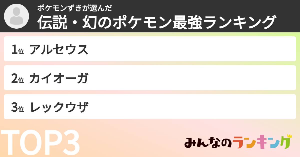 ポケモンずきさんの「伝説・幻のポケモン最強ランキング」