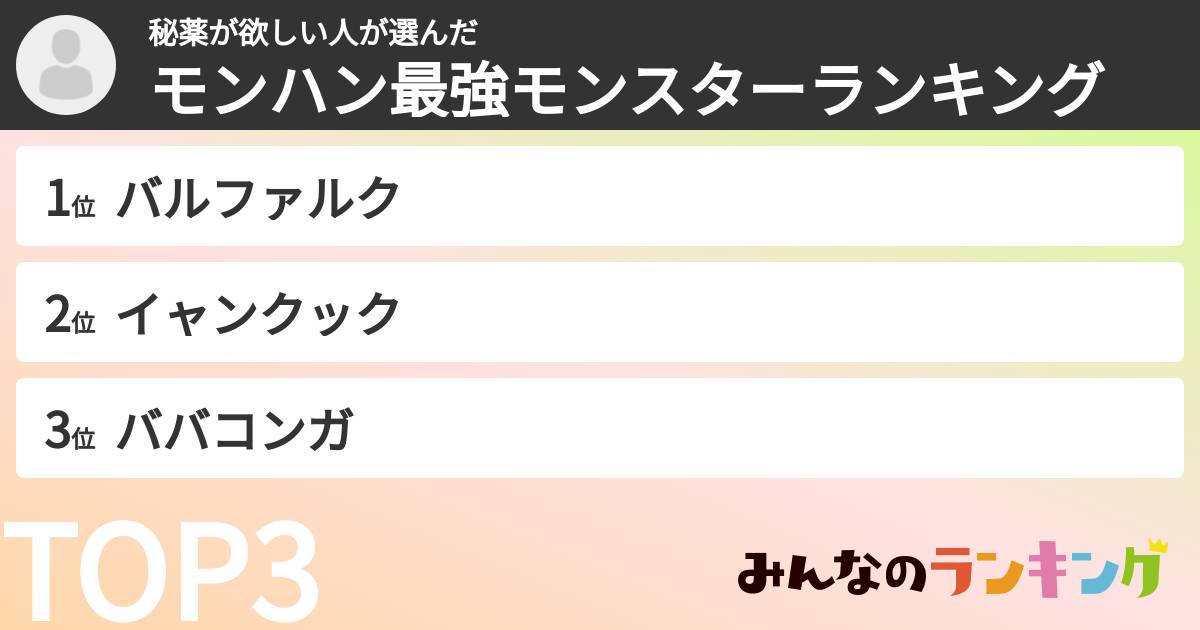 秘薬が欲しい人さんの「モンハン最強モンスターランキング」