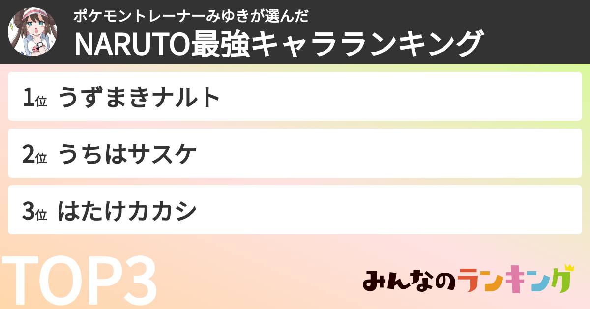 ポケモントレーナーみゆきさんの「NARUTO最強キャラランキング」