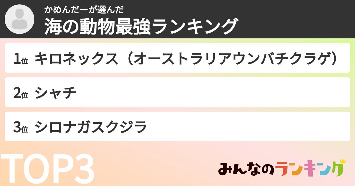かめんだーさんの「海の動物最強ランキング」
