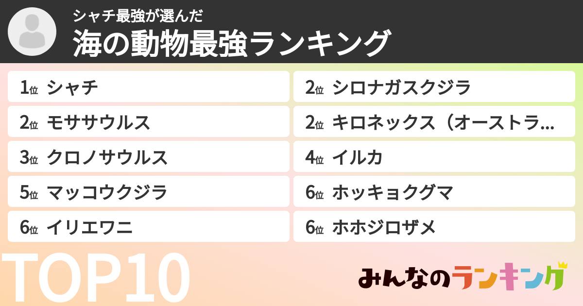 シャチ最強さんの「海の動物最強ランキング」