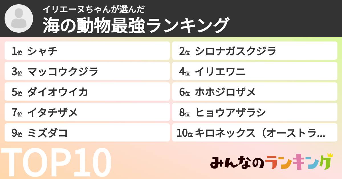 イリエーヌちゃんさんの「海の動物最強ランキング」