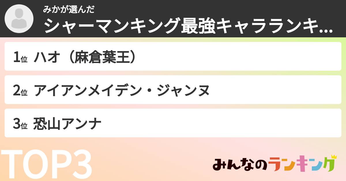 みかさんの「シャーマンキング最強キャラランキング」