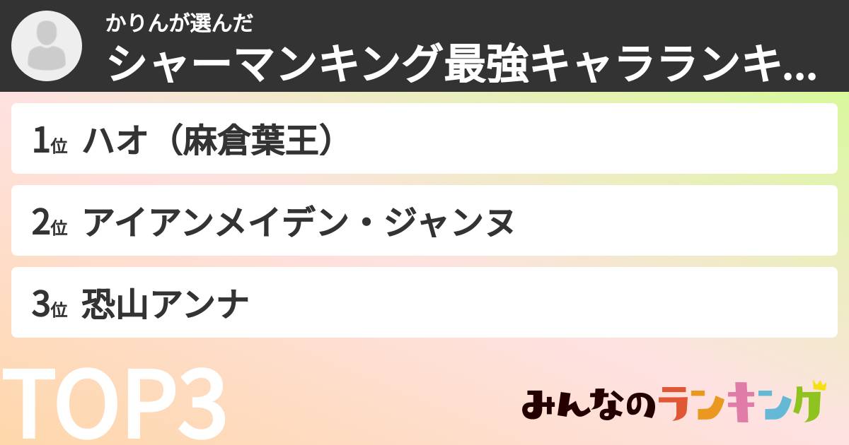かりんさんの「シャーマンキング最強キャラランキング」