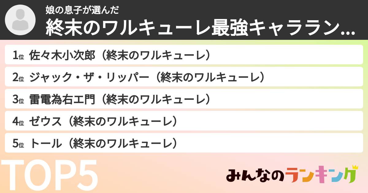 娘の息子さんの「終末のワルキューレ最強キャラランキング」
