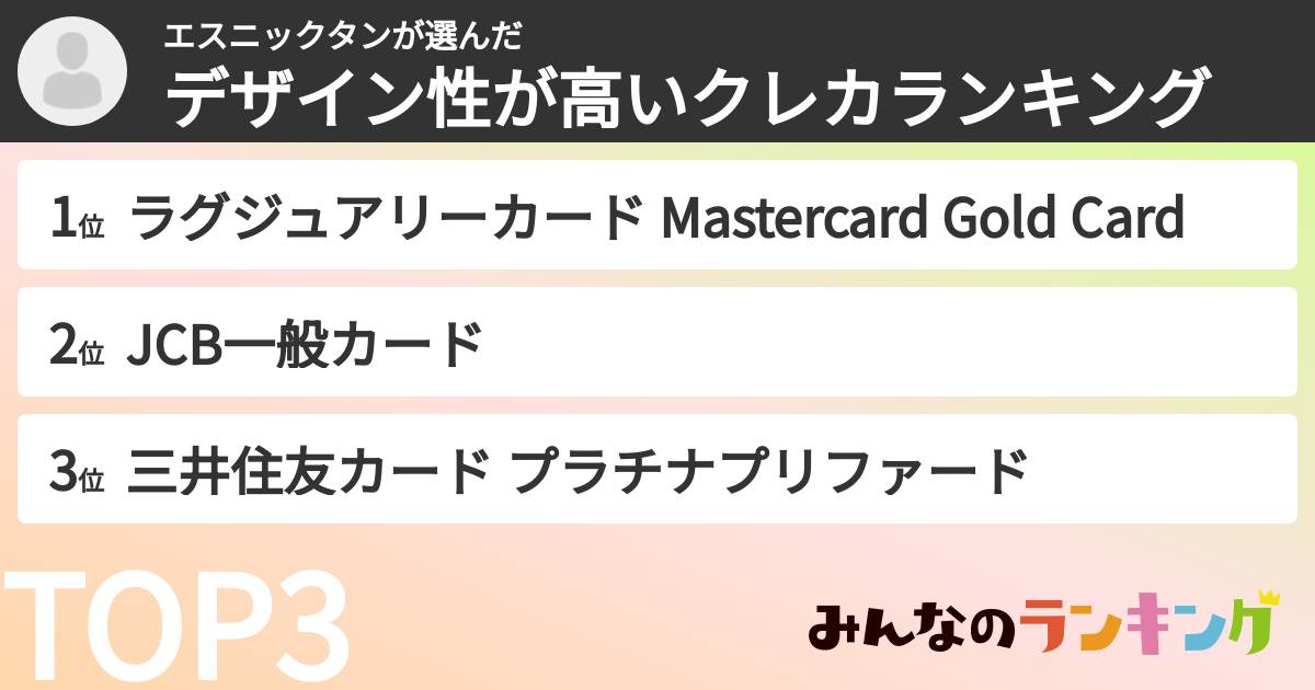 エスニックタンさんの「デザイン性が高いクレカランキング」