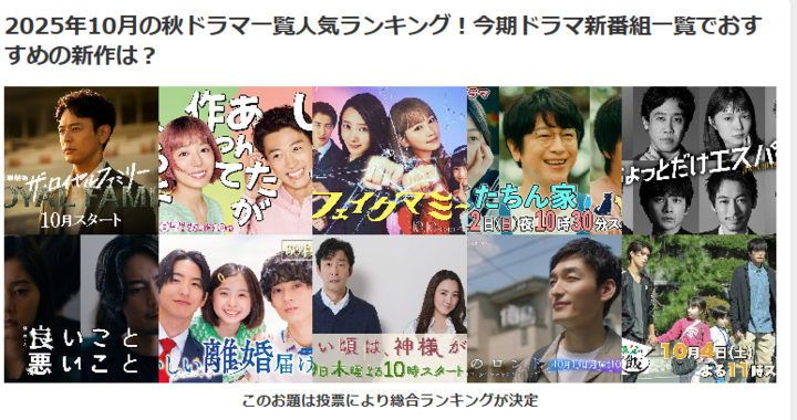 【2025秋ドラマ速報】暫定TOP3が決定!1位は妻夫木聡主演ザ・ロイヤルファミリー【投票受付中】